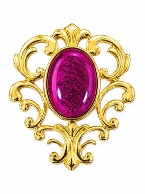 Vintage Signed LR Gold Tone Brooch Hot Pink Glass Cabochon Ornate Statement Pin